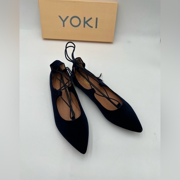 New In Box Yoki Women's Navy Blue Velvet Ballerina Ankle Lace Up Flats - Picture 6 of 10